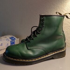 Dr. Martens Green Leather 8-Eye Lace-Up Boot with Yellow Stitching